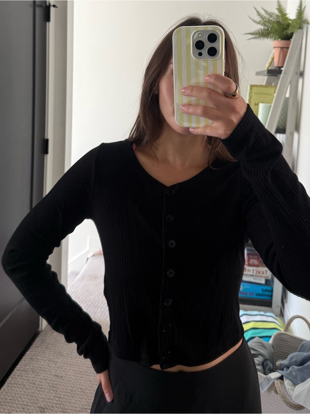 Aritzia Wilfred Free Black Ribbed Button-Front Cardigan
